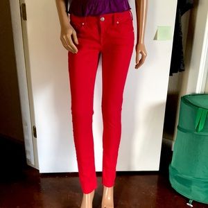 Red jeans size 4. Waist is 27. Inseam is 30”. Five pocket.